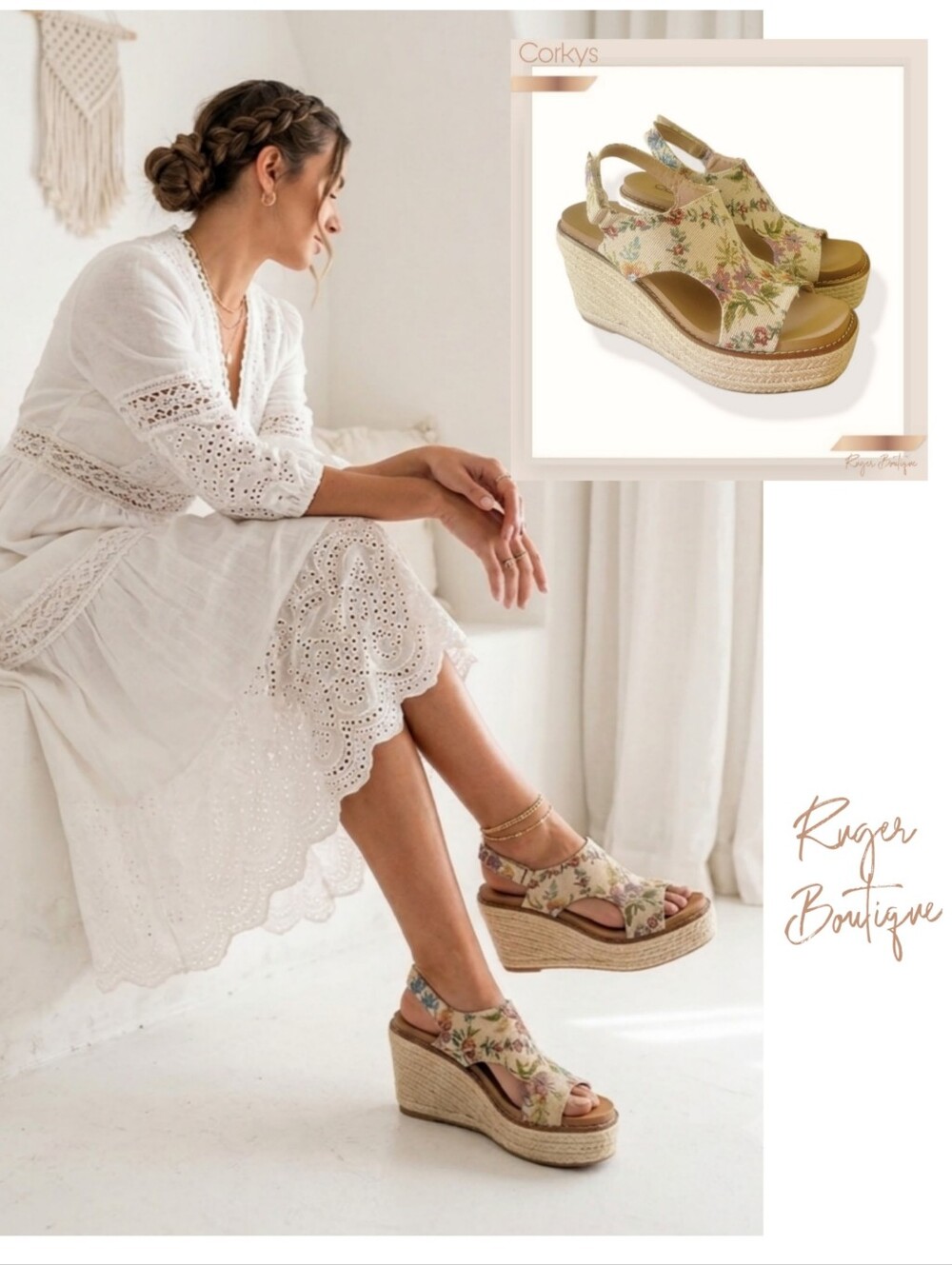 🌿Corkys Sand Brocade Floral Espadrille Wedge Sandals Size 7